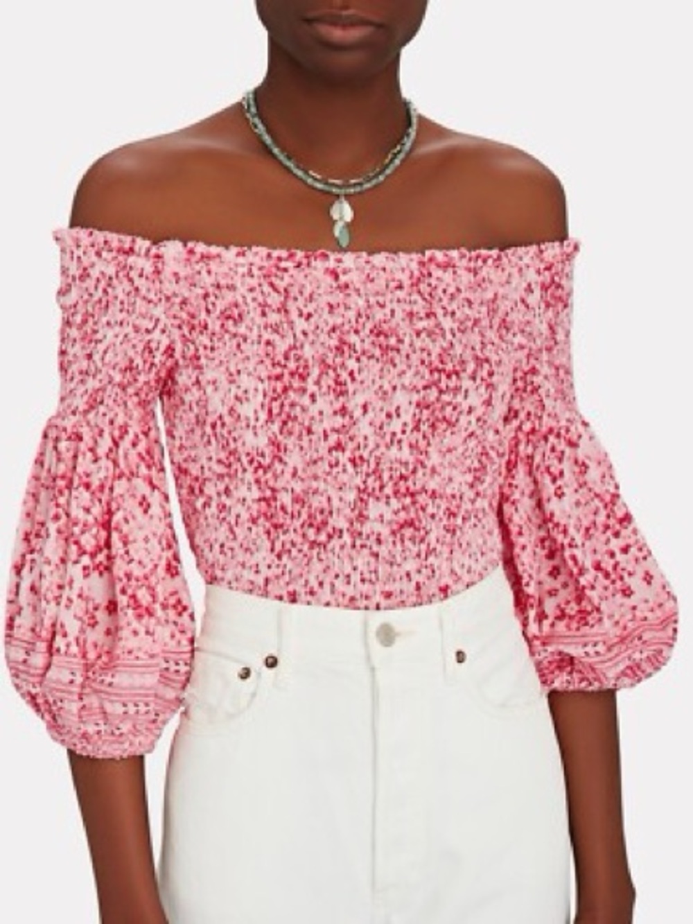 Poupette St Barth Pink Floral Smocked Off Shoulder Balloon Sleeve Top